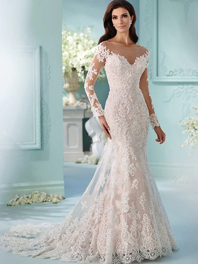 Luolandi Wedding Dresses Scoop Neck Chapel Train Lace Tulle Lace Over Satin Long Sleeve Formal Sexy Beautiful Back Illusion Sleeve